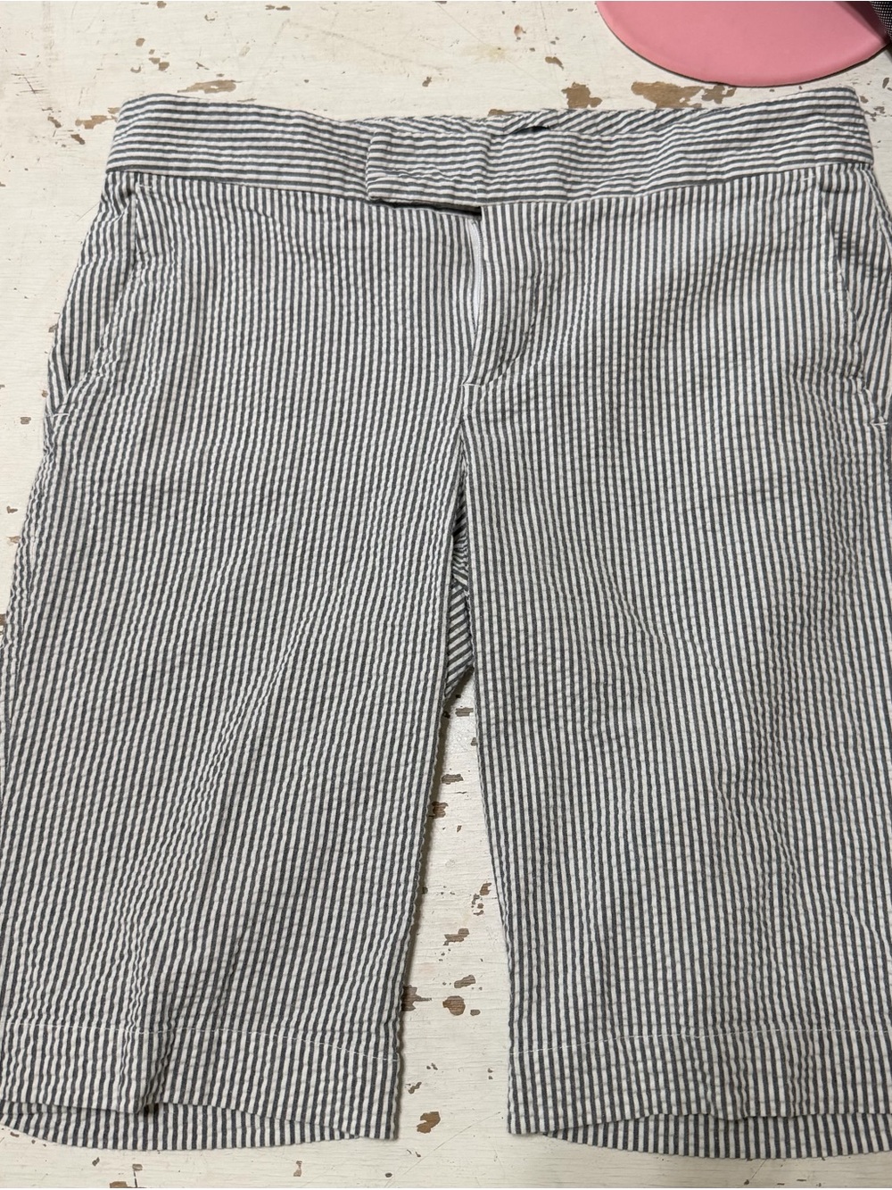 Bitten Striped Seersucker Shorts - Navy and White Bermuda 11” inseam size 8